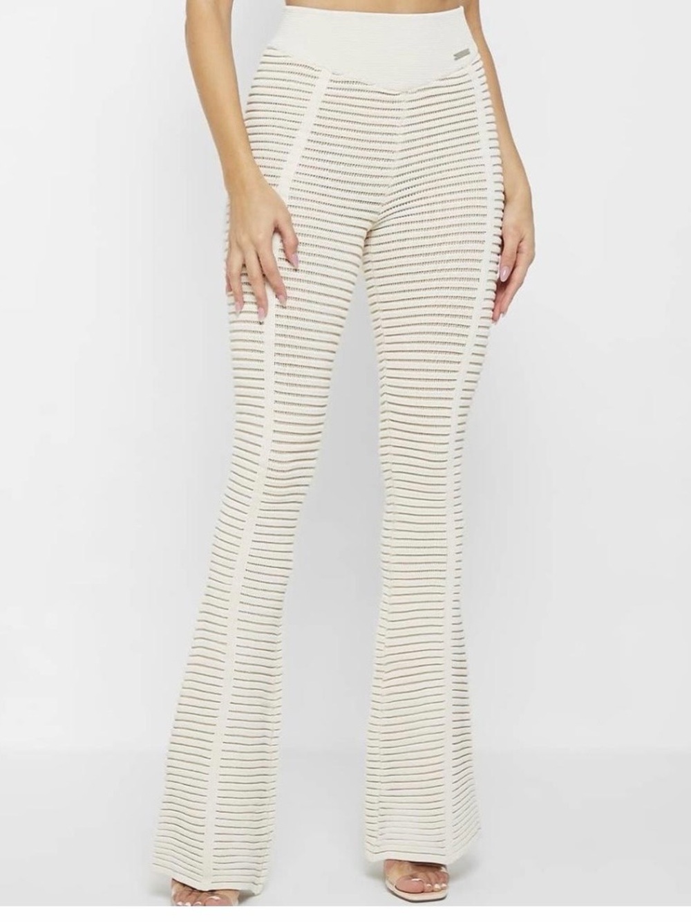 Maniere De Voir Small Ribbed Knit Pattern Stripe Flare Knit Pants Cream